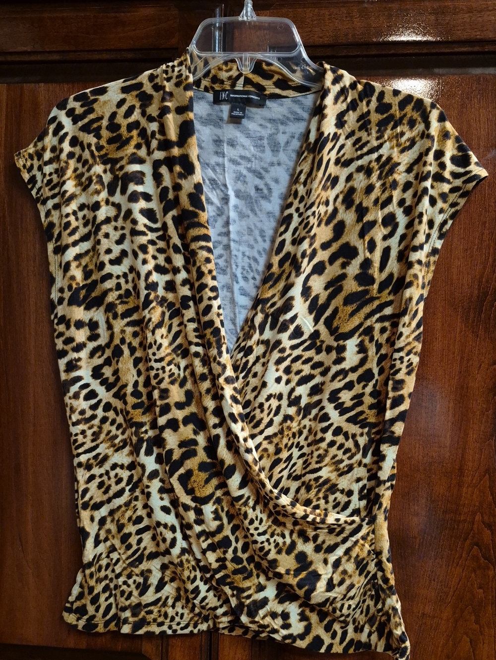 INC International Concepts Leopard Print Sleeveless Faux-Wrap Top - Size L